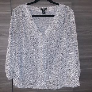 H&M Navy and White Long Sleeve Blouse, Size 8